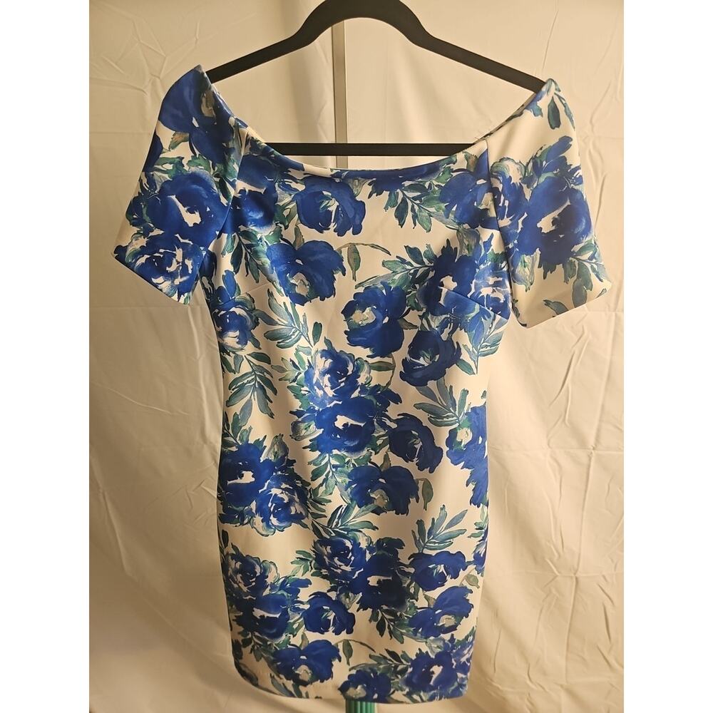 Calvin Klein White Fitted Boat Neck Dress With Blue Flowers Size 4 - Picture 3 of 6